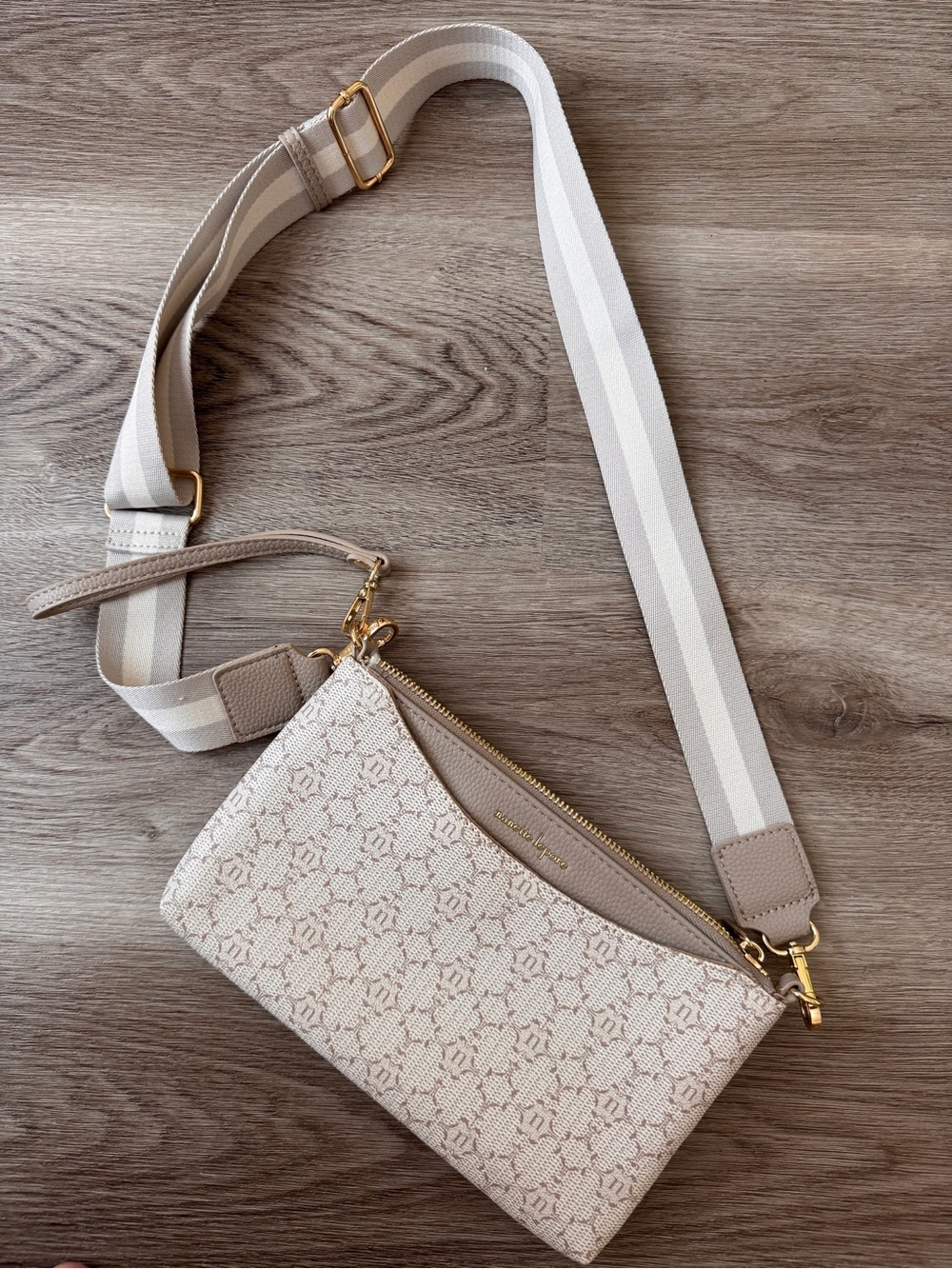Nanette Lepore Logo Crossbody Bag Purse Wristlet Cream Tan